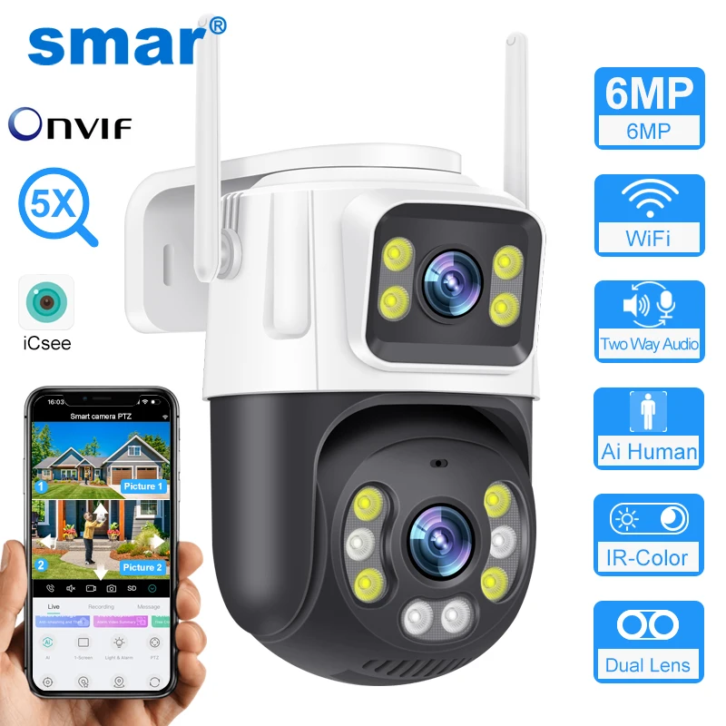 Smar PTZ Wifi Camera 6MP Dual Lens With Dual Screen Ai Human Detect Auto Tracking Wireless Outdoor CCTV Video Surveillance ICSee