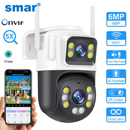 Cámara Smar PTZ Wifi, lente Dual de 6MP con pantalla Dual, detección humana Ai, seguimiento automático, videovigilancia CCTV inalámbrica para exteriores, ICSee