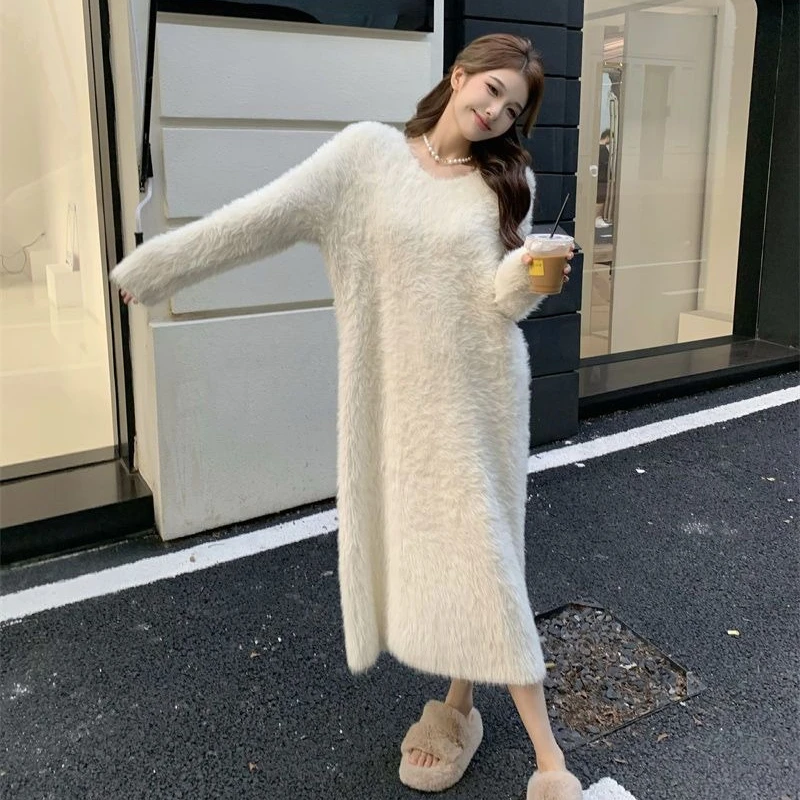 Winter Plush Warm Sweater Sleepshirts Dress Maxi Dress Women Cover Up V Neck Straight Pajamas Loose Warm Fleece Bottom Clothes