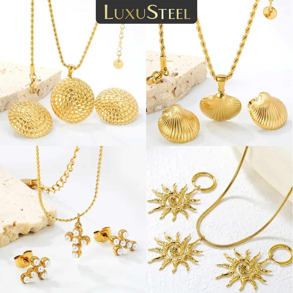 LUXUSTEEL Circular Shell Jewelry Set Pendants Necklace Earring Sets Sun Cross Stainless Steel Set For Women Wedding Party Bijoux