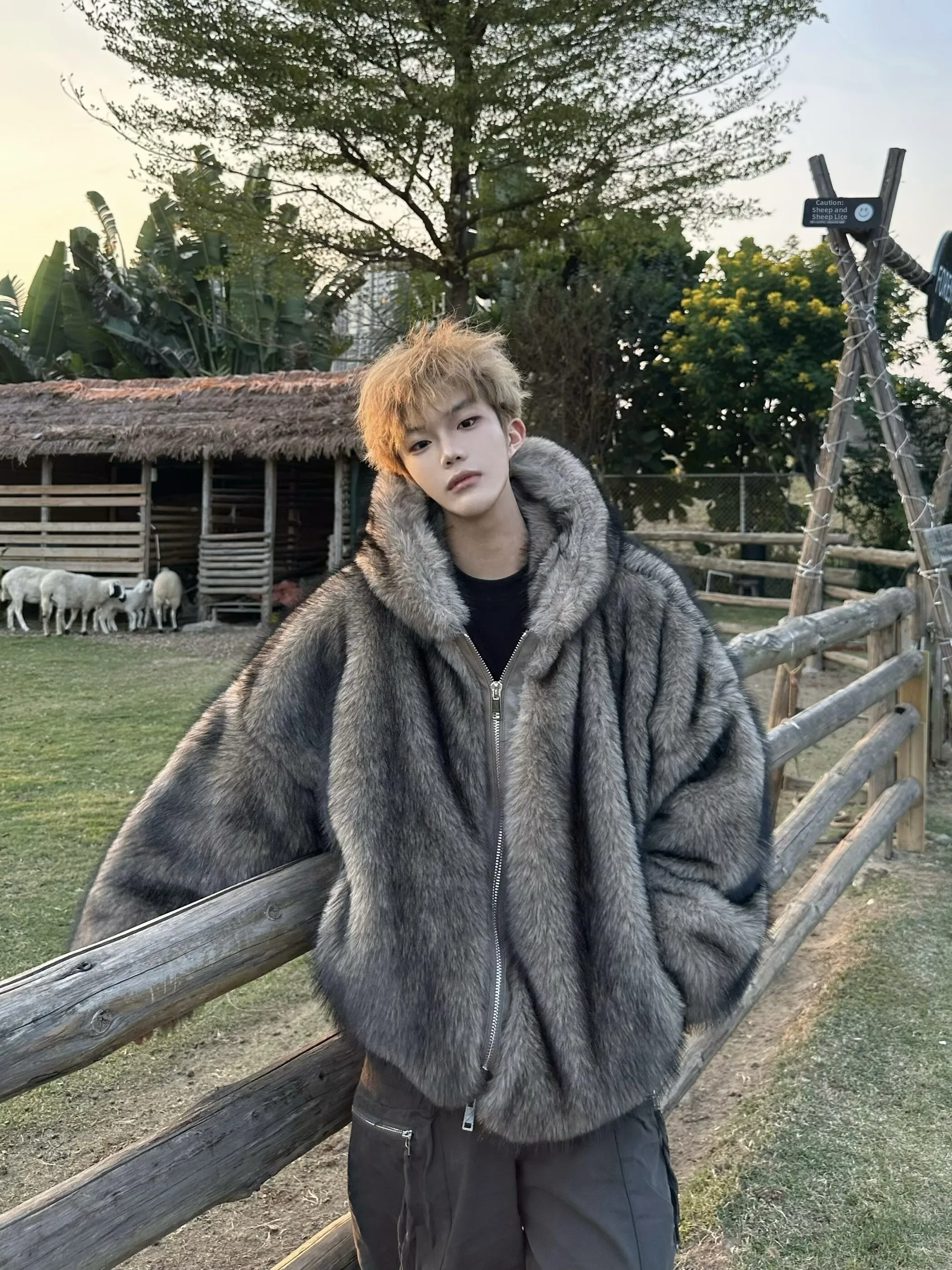 

Men's ort Thiened Winter Cotton Jaet Fake Fur Coat Mountain Eagle Design Warmth Youth Trendy Long Sve Zipper C...