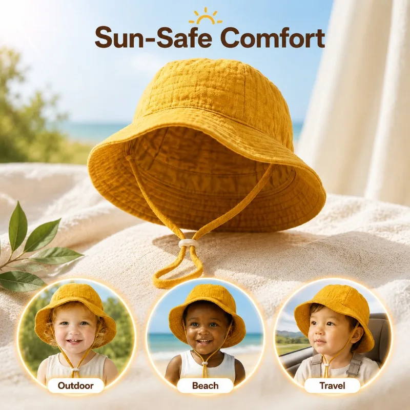 

Pure Cotton Bucket Hat Solid Color Sun Protection Cap Breathable Outdoor Headwear European Style Fisherman Hat for Kids Portable