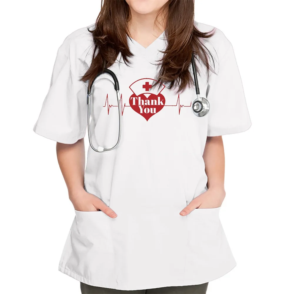 2025 Women's Health Care Uniform Versatile Casual V-neck Hand Wash Clothes with Love Pattern 3D Printed Nurse Work Uniform