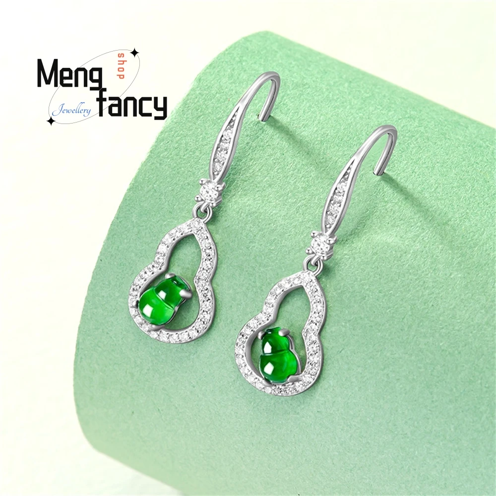 

Luxury S925 Silver inlaid natural A goods jade Yang green earrings gourd jade women's high-grade fashion earrings Best Selling