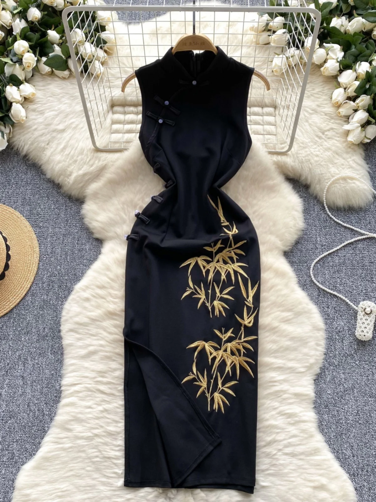 Vestido Bodycon Estampado F Estilo Tang Retrô Chinês com Botões, Fenda Lateral, Gola Alta e Sem Mangas, Efeito Emaec...