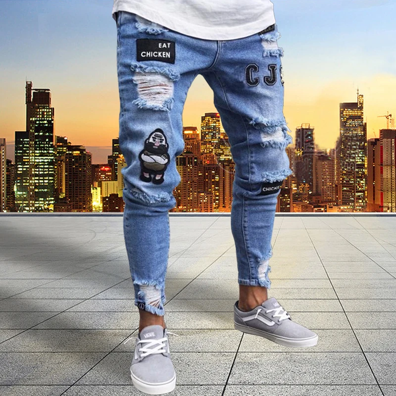 Fashion Sports Men's Jeans Ripped Skinny Pencil Pants Cartoon Embroidery Spring And Autumn Casual Wear 2024 High Quality Jeans