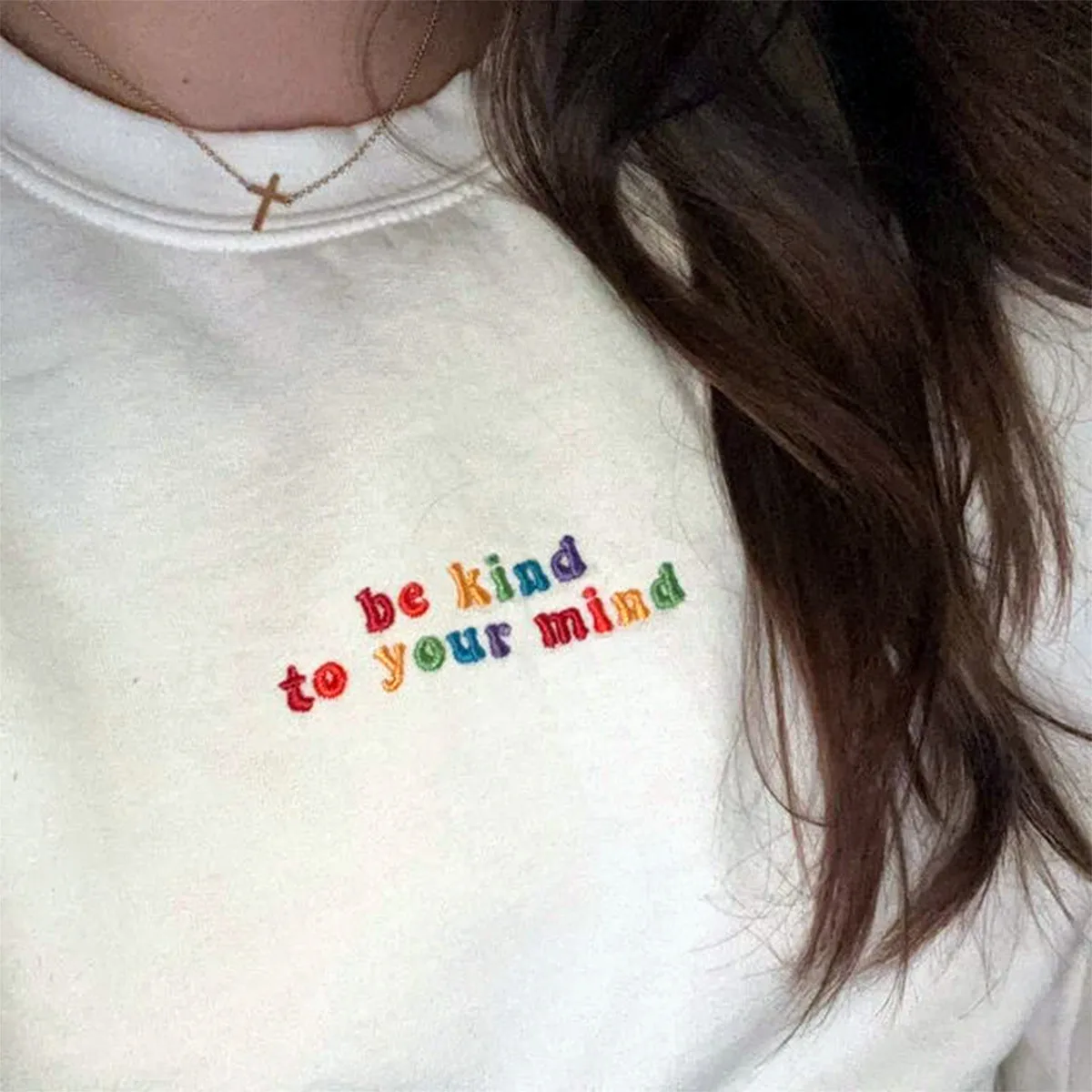 Be Kind To Your Mind Rainbow Letters Embroidered Crewneck Sweatshirts Female Autumn Winter Thick Fleece Pullover Retro Jumpers