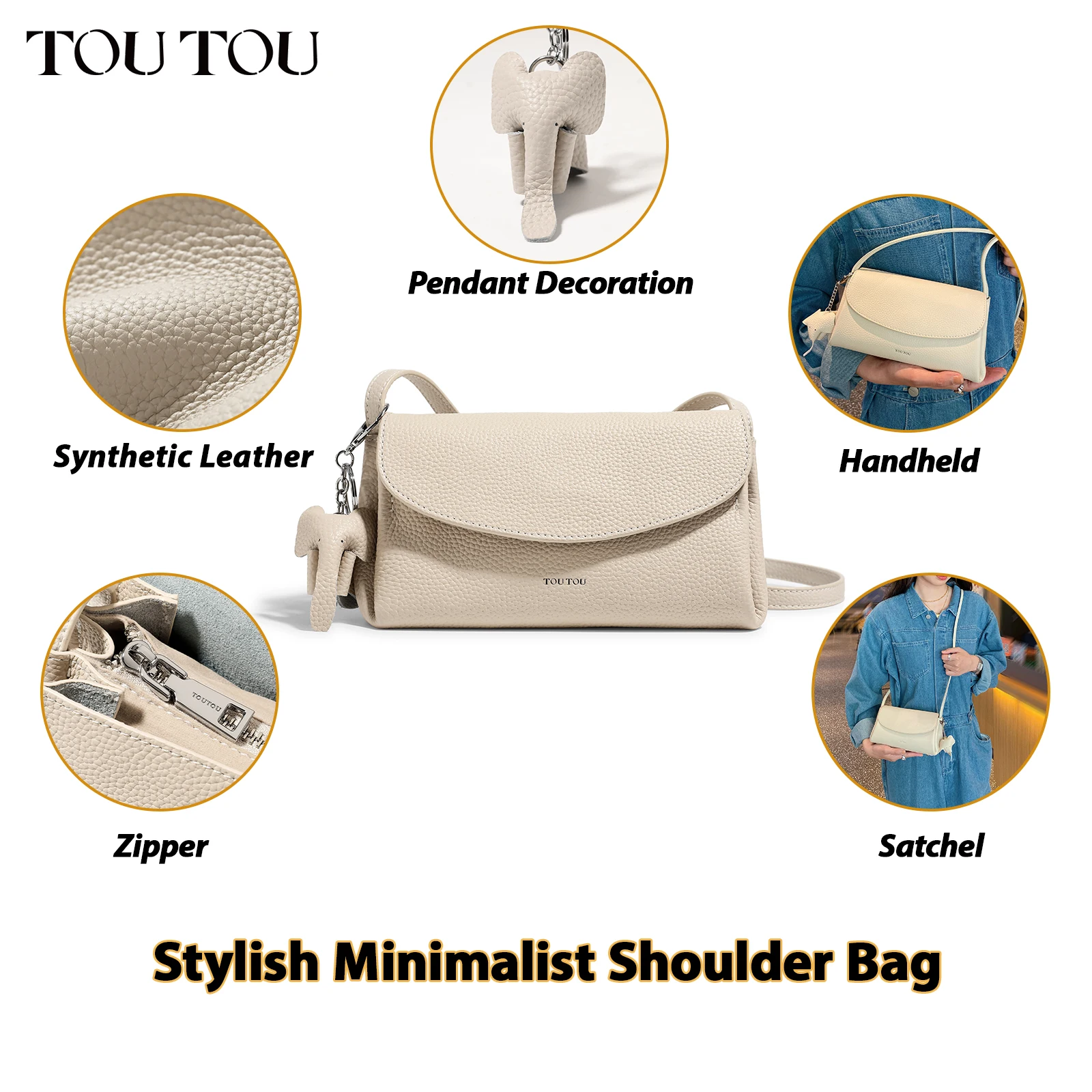 TOUTOU Genuine Leather Handbag for Women\'s Togo Grain Leather Shoulder Bag Luxury Designer Crossbody Bag with Elephant Charm