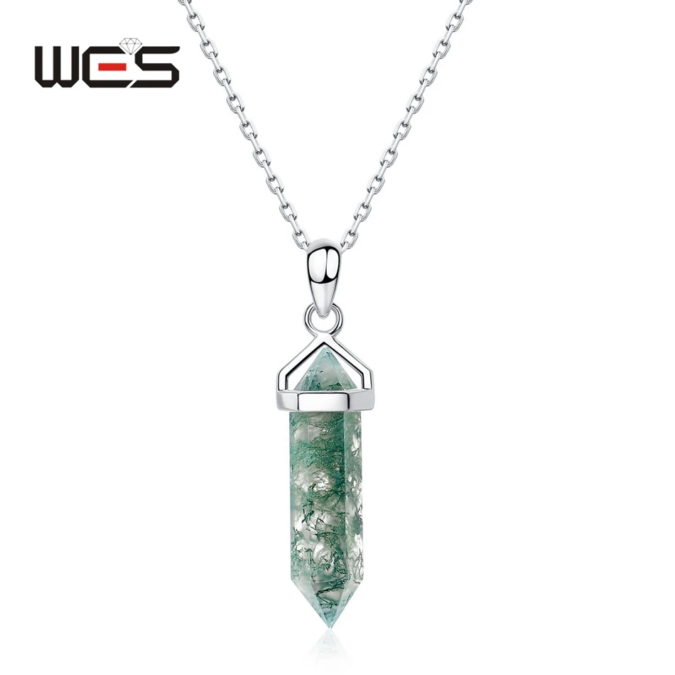 

WES 925 Sterling Silver Bullet Shaped Pendant Necklace for Woman Natural Stone Moss Agate Hexagonal Prism Party Gifts Wholesale