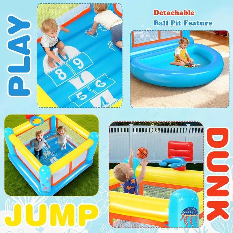 Aufblasbare Hüpfburg für kleine PVC-Hüpfburg, Spielhaus, Pullover, abnehmbarer Bällebad, Basketballkorb, Hopscotch-Spiel, Luftpumpe