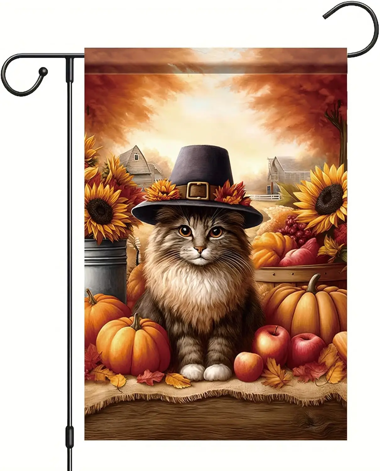 Thanksgiving Cat Garden Flag 12x18 Inch Double Sided Fall Pilgrim Cat Yard Flag, Pumpkin Sunflower Harvest Farmhouse Outdoor uui