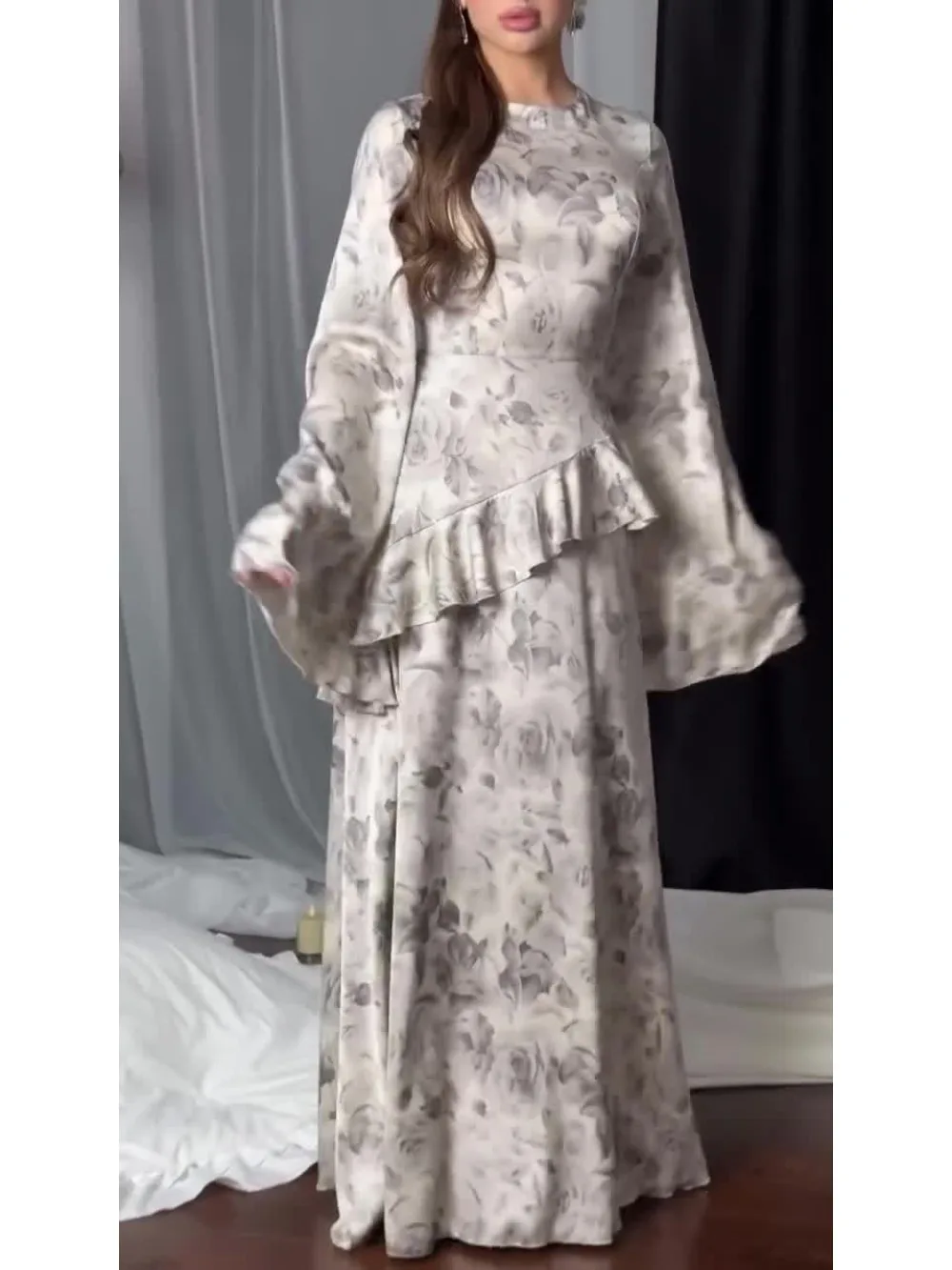 

Print Ruffle Women Party Dress Abaya Eid Long Sleeve Muslim Caftan Robe Jalabiya Ramadan Morocco Dubai Vestidos Largos 2025