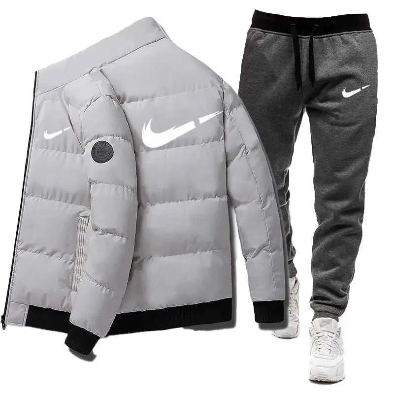 2024 Winter Casual Men\'s Warm Jacket Set Letter Printed Fashion Jacket + Sweatpants 2-piece Set