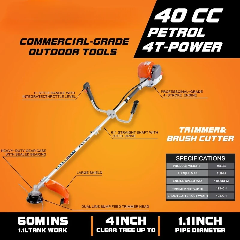 40cc Gas Powered Brush Cutter, 4-Cycle Weed Eater, 3 in 1 Dual Line Gas String Trimmer and Grass Trimmer,