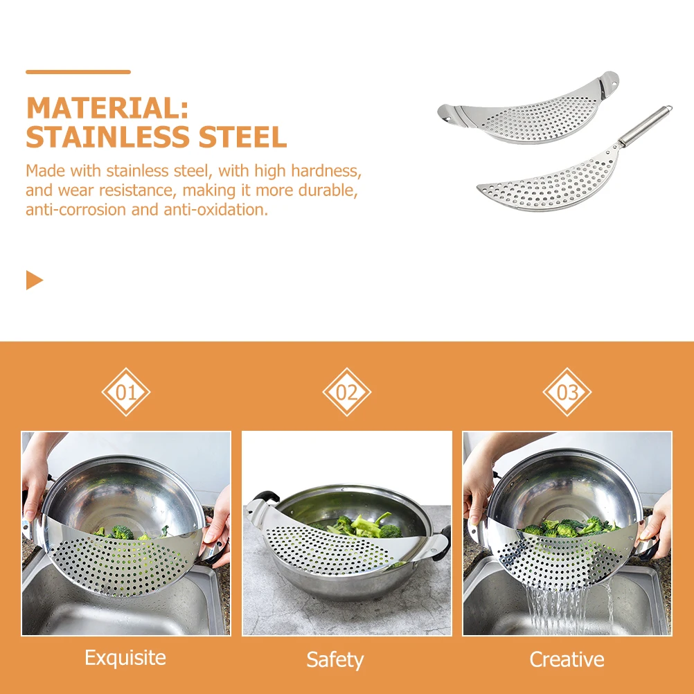

2pcs Moon Shaped Pasta Strainer Stainless Steel Pan Drainer Kitchen Tool for Rice Macaroni Handles Corrosion Resistant