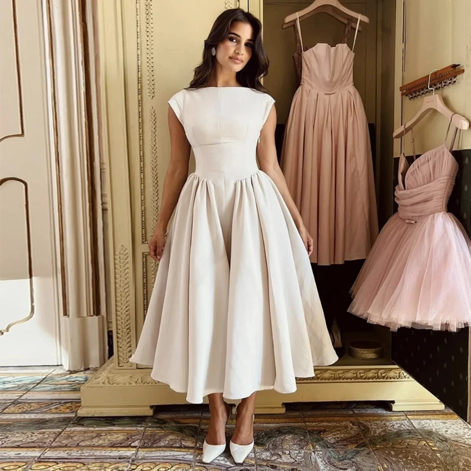 Elegant Backless Waist Cinched Mid Length Dress Women 2025 Summer Fashion Solid Color Dresses