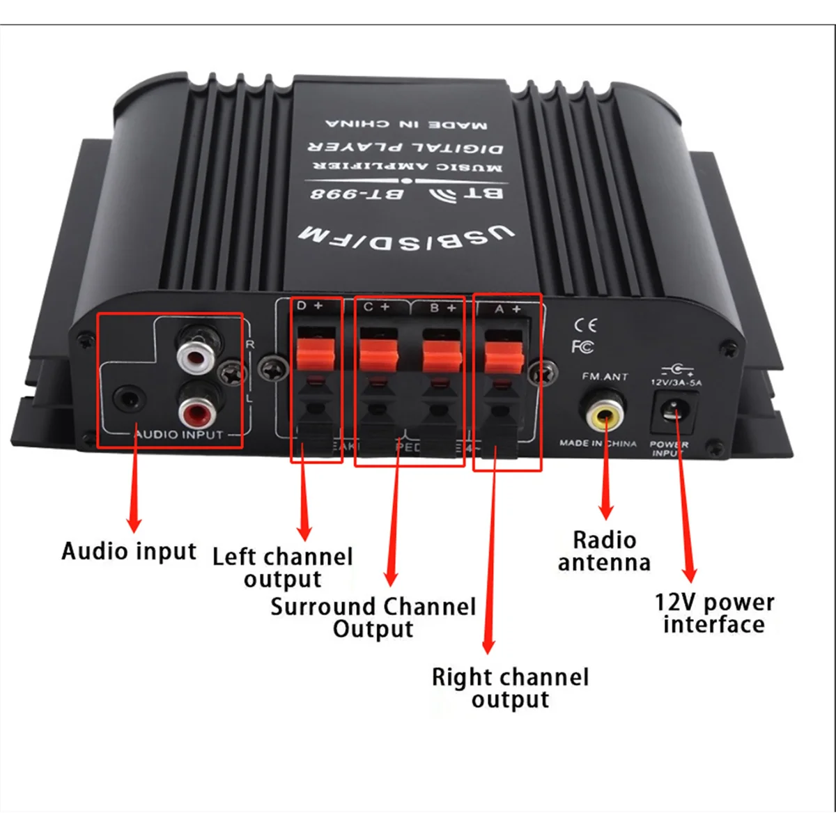 PQWN! HiFi Sound Amplifier Digital 4 Channel Audio Amplifier Bluetooth Karaoke Player FM Radio Support Remote Control Black