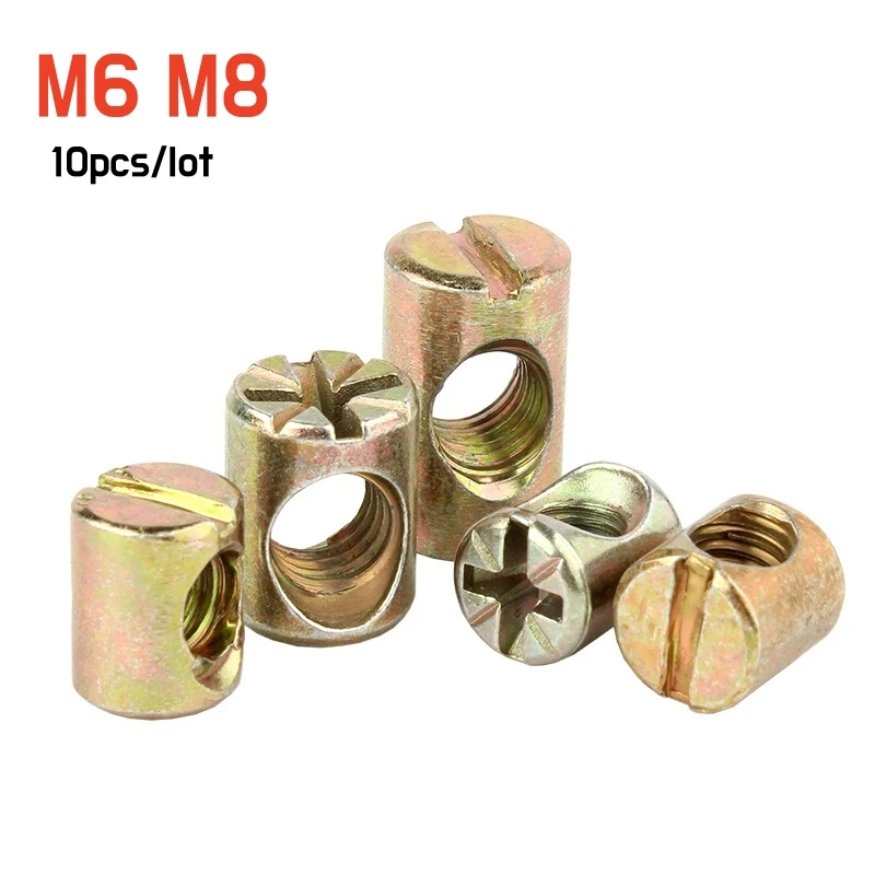 10pcs M6 M8 Barrel Bolts Cross Dowel Phillips Horizontal Hole Nut Hammer Embedded Nut for Furniture Beds Crib Wood Chairs