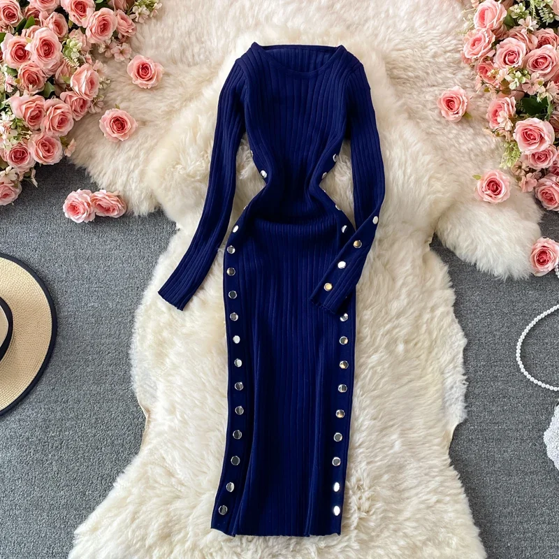 Winter Women\'s Knitted Sweater Dresses O-Neck Long Sleeve Slim Side Double Row Buckle Hip Wrap Dress Ladies Sheath Dress Autumn