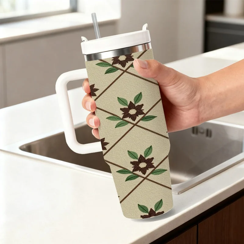 1pc Stainless Steel 40Oz Insulated Tumbler, Symmetrical Brown Floral with Green Leaves Digital Print on Light Beige Background, Reusable Hot & Cold Drink Cup for Daily Use, Outdoor Trips And Office Drinks