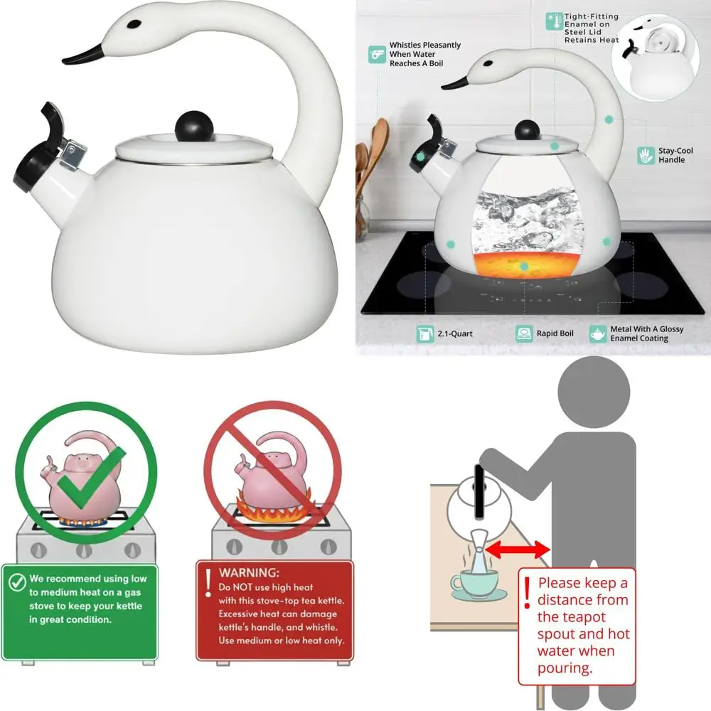 

Элегантный чайник со свистком из белой эмалированной стали и лебединым дизайном для использования на плите, идеально подходит для чая со свистом и кухни.