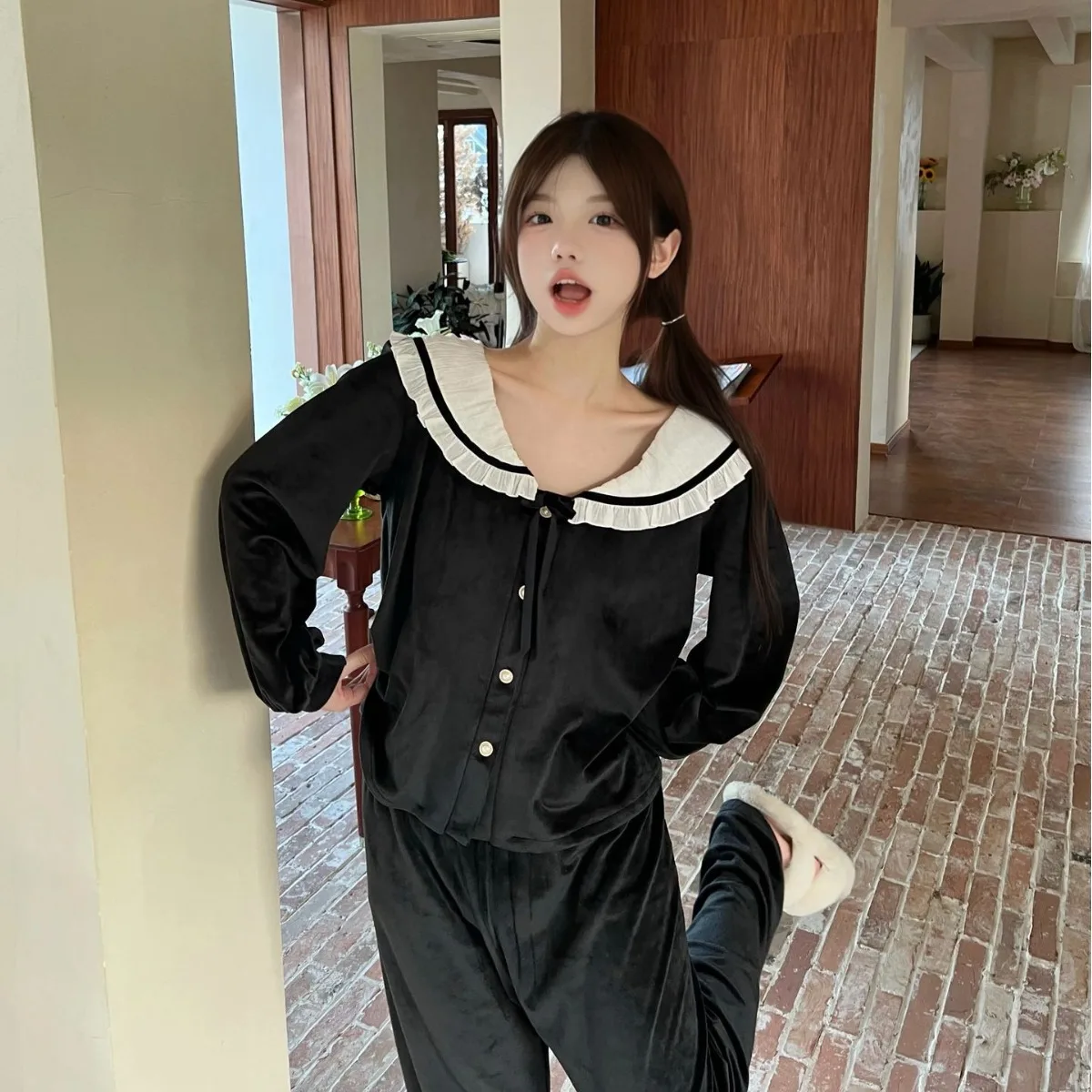 

Осенне-зимний комплект для сна, теплая велюровая пижама, комплект из 2 предметов, элегантная домашняя одежда с кружевной отделкой, свободная домашняя одежда, пижамы