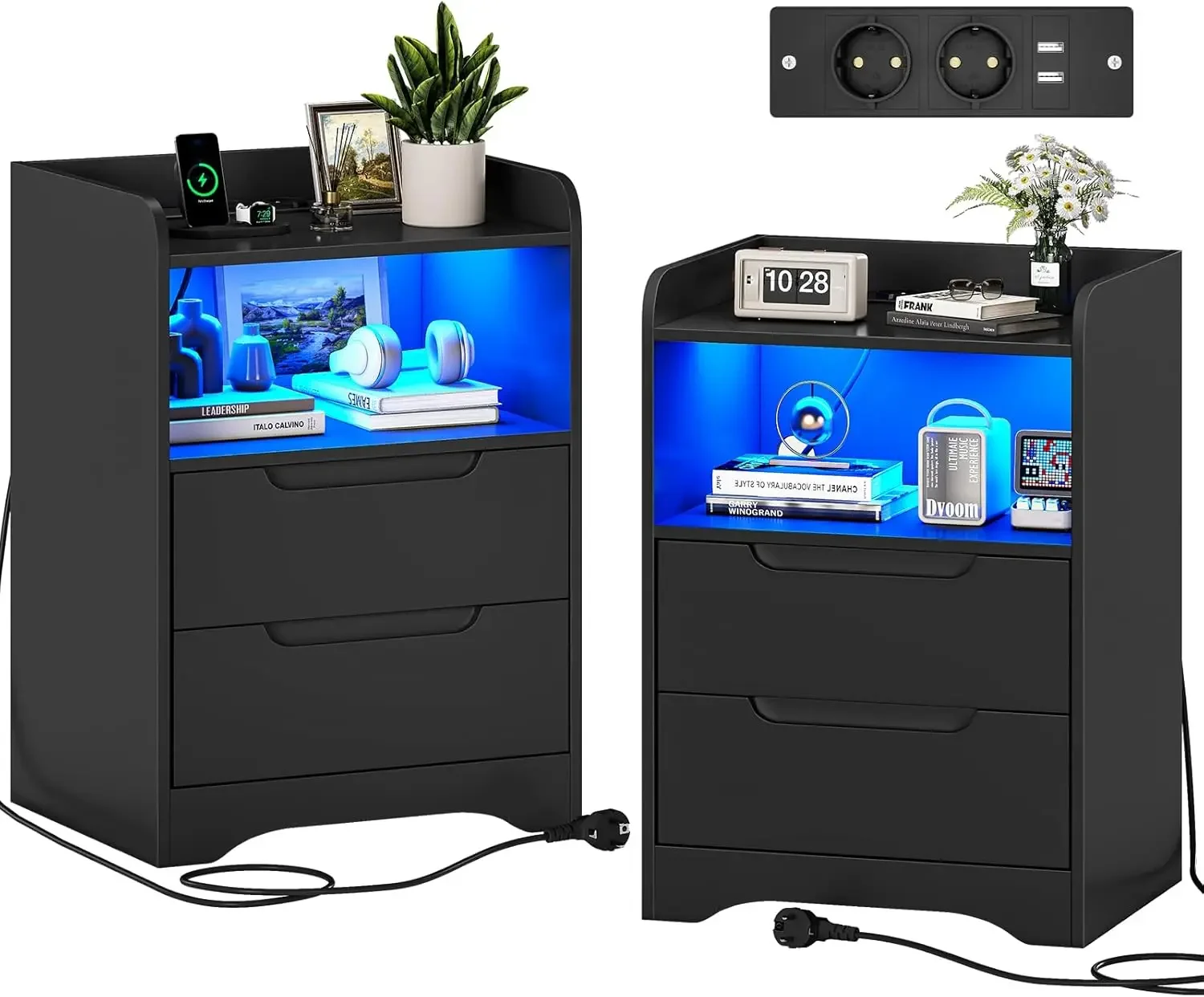 Nachttisch 2er Set Nachttische mit Ladefunktion and LED-Light Nachtschrank 2er Set with 2 Schubladen