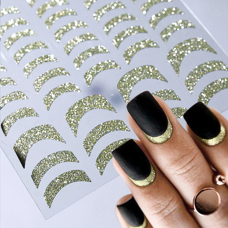 French 3D Nail Decals Stickers Stripe Line French Tips Transfer Nail Art Manicure Decoration Gold Reflective Glitter Stickers