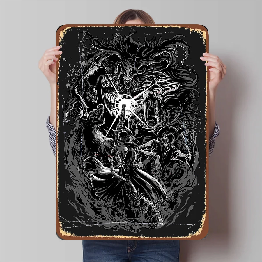 Dark Fantasy Warrior vs Demons Metal Wall Art Vintage Black White Illustration Home Decor Hanging Ornament