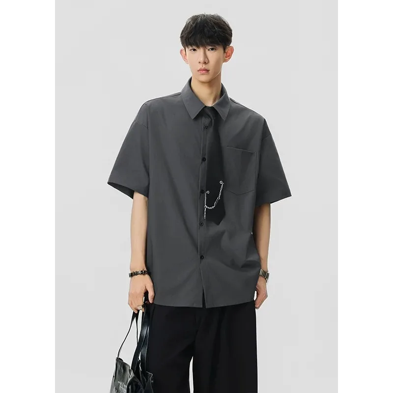Loose Casual Short Sleeve Collared Men's Shirt Summer Cool Feeling White College Style Fashionable Standard Fit Polyester Fiber