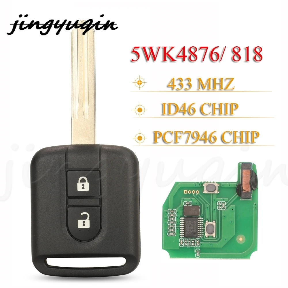 jingyuqin 2Buttons Smart Remote Car Key Fob 5WK4876 / 818 433MHz ID46 For Nissan Elgrand X-TRAIL Qashqai Navara Micra Note NV200