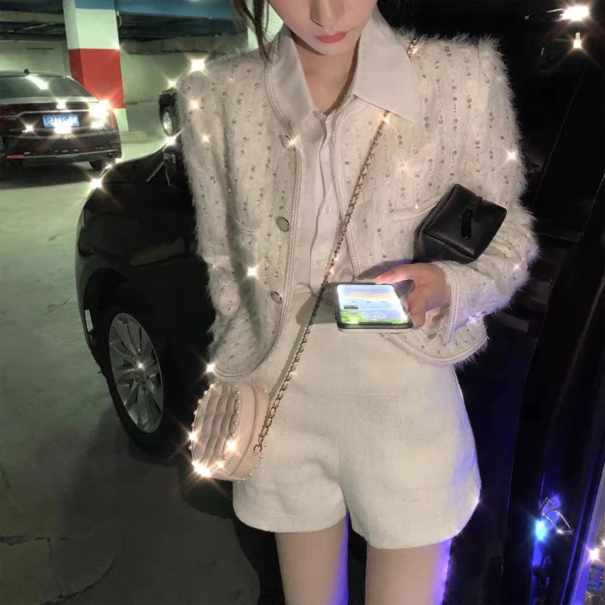 

2023 Autumn Spring New Heavy Industry Sequins Luxury Women's Short White Coat Korean Elegant Gentle Famous Lady's Jacket