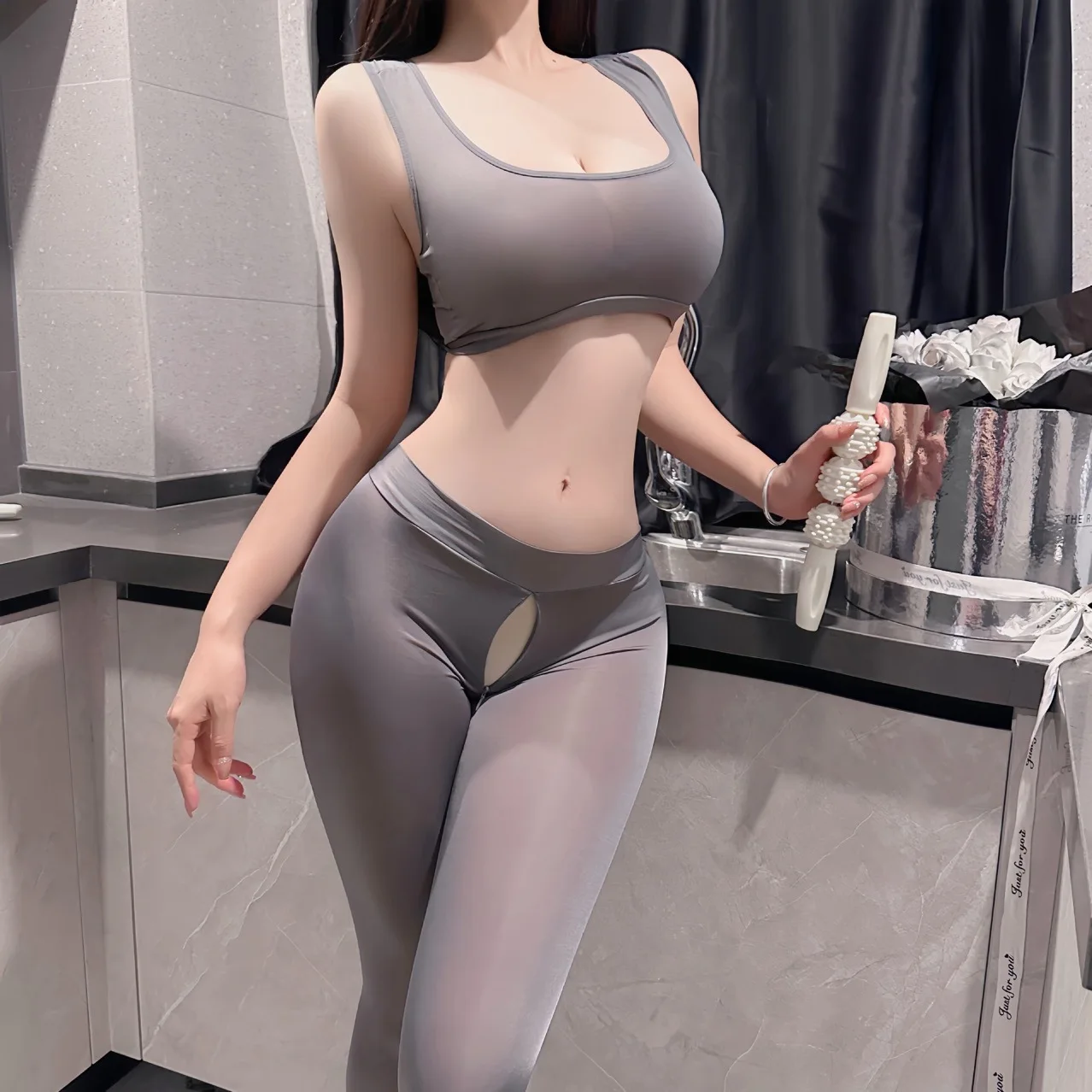 Sexy tight yoga clothes do not take off crotch pants elastic vest set transparent temptation flirtation supplies sexy underwear