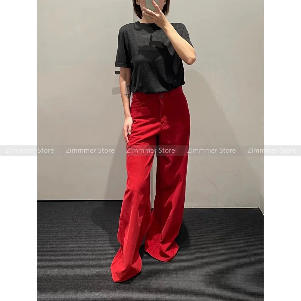 Retro red corduroy wide-leg pants for women 24 autumn and winter new loose silhouette mid-waist straight trousers