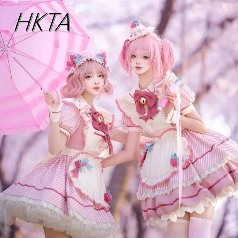 

Lolita Sweet Cute Apron Pink Bud Dresses Op Women Daily Doll Collar Bubble Short Sleeve Bow Waist Light Lo Princess Dress Female