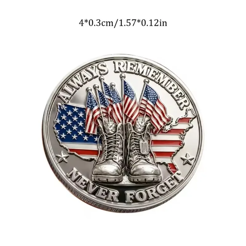 Patriotic US Veteran Silvery Plated Challenge Coin Always Remember Soldier Boots Angel Commemorative Token 40mm Round Shape