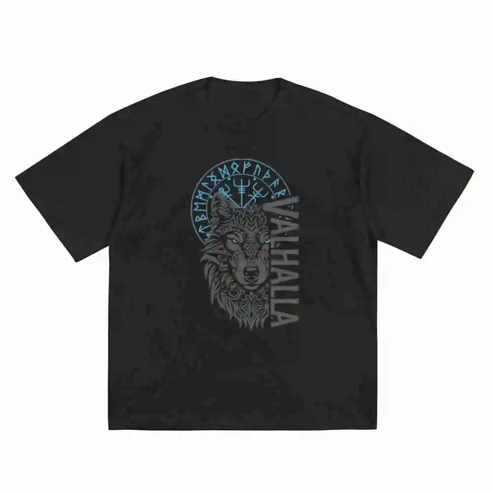 Valhalla Viking Compass Nordic Wolf Short Sleeve Tee 100% Cotton T-Shirt
