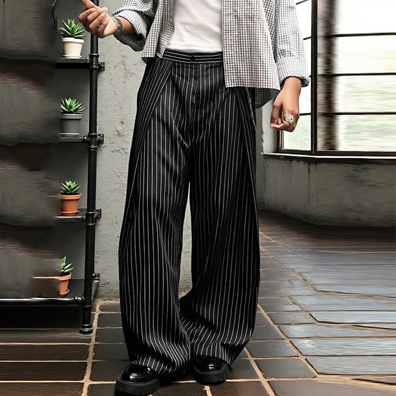 INCERUN Men Striped Pants Button Joggers Loose Casual Wide Leg Trousers Men Streetwear 2025 Fashion Leisure Long Pants S-5XL