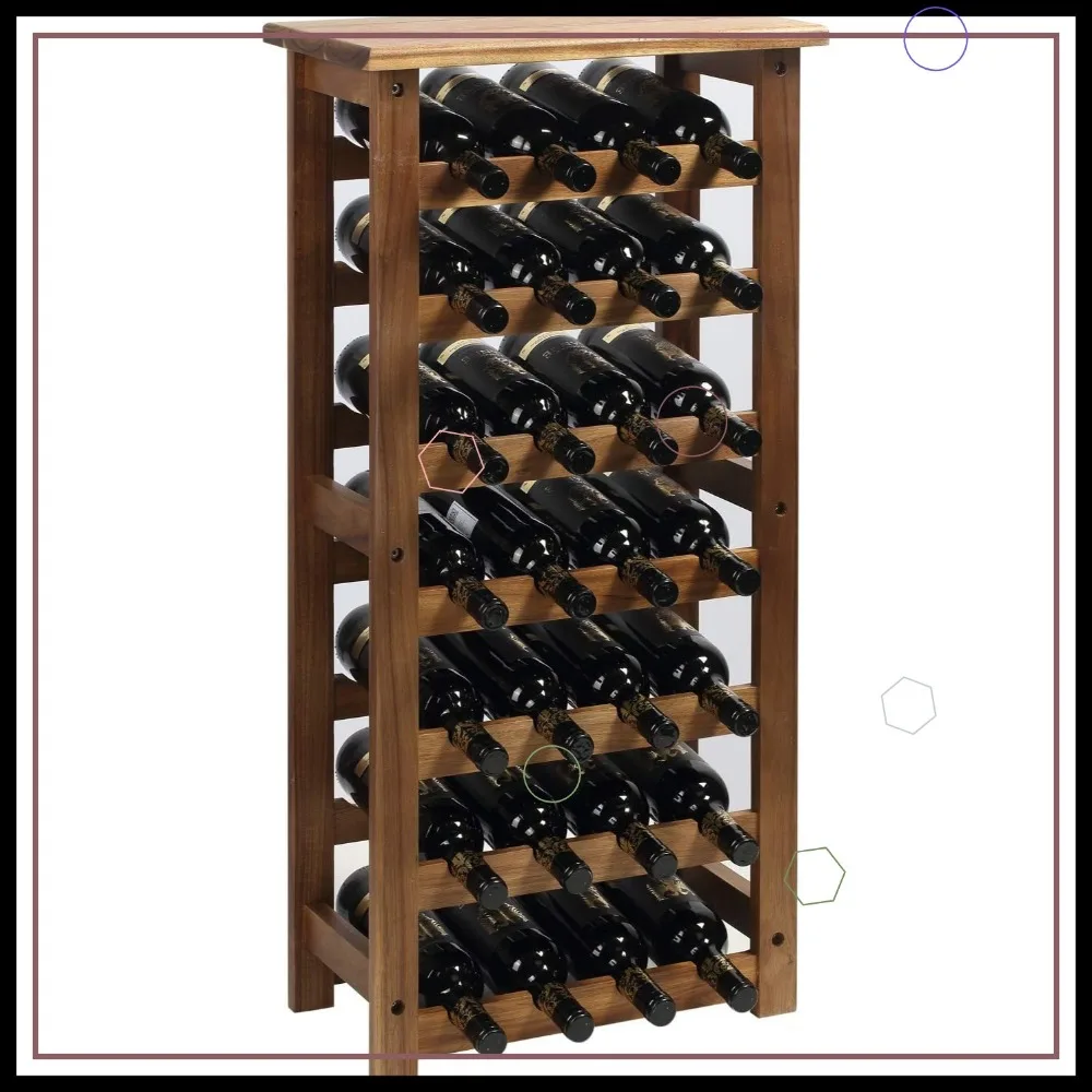 

7-Tier Wooden Wine Rack, Holds 28 Bottles, Free-Standing Floor Storage for Kitchen, Pantry, Cellar