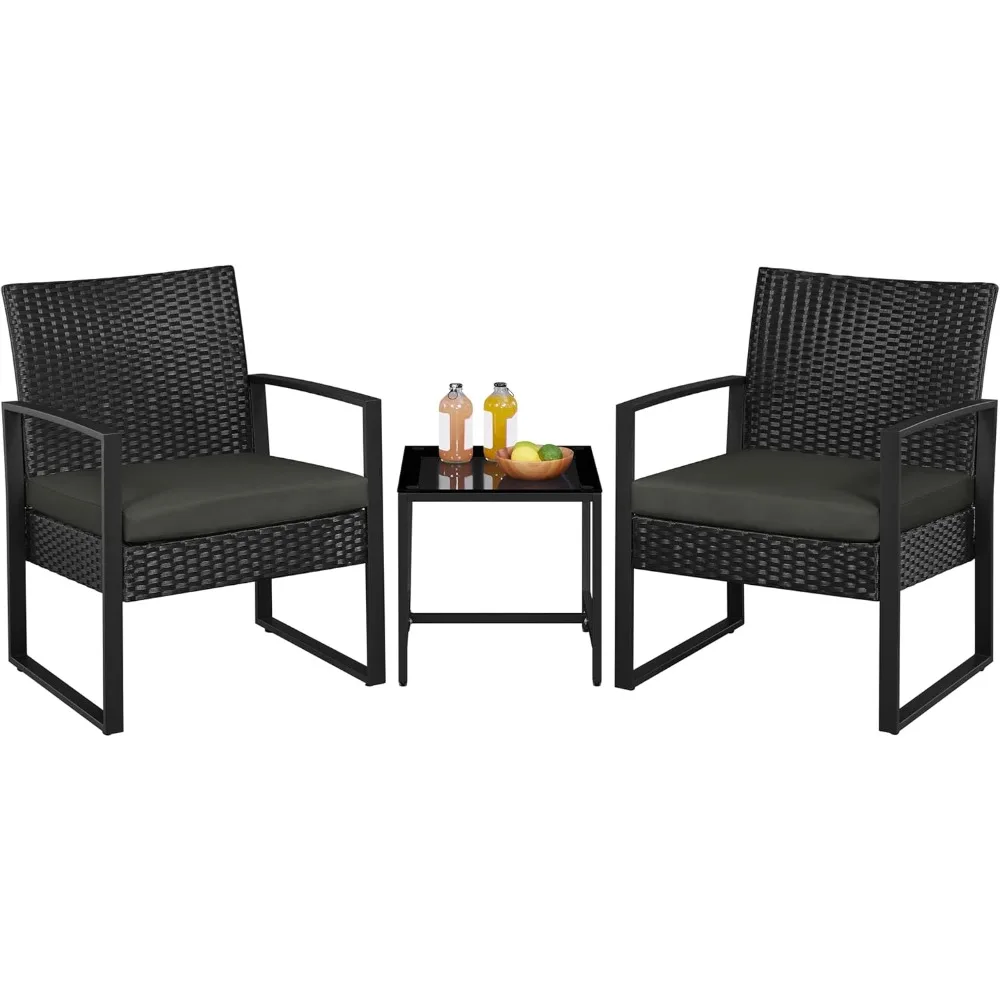 

3 Pieces Rattan Bistro Set, Indoor/Outdoor Wicker Patio Modern Conversation Furniture, 2 Chairs & Tempered Glass Coffee Table f