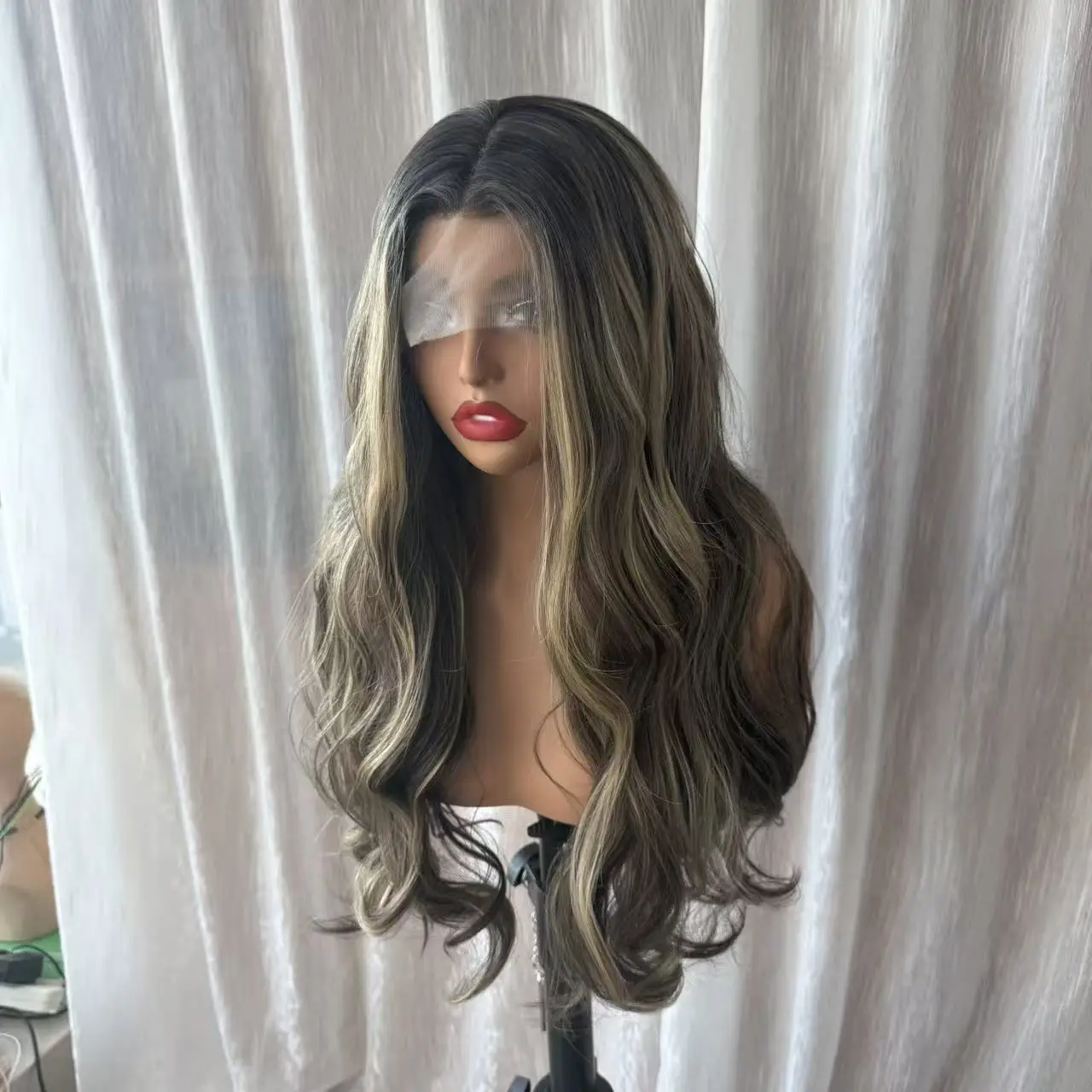 13x4 HD Lace Front Synthetic Wig for Women, Ombre Dark Brown Ash Blonde Premium Protein Fiber Long Wavy Wig, Pre Plucked Hairlin