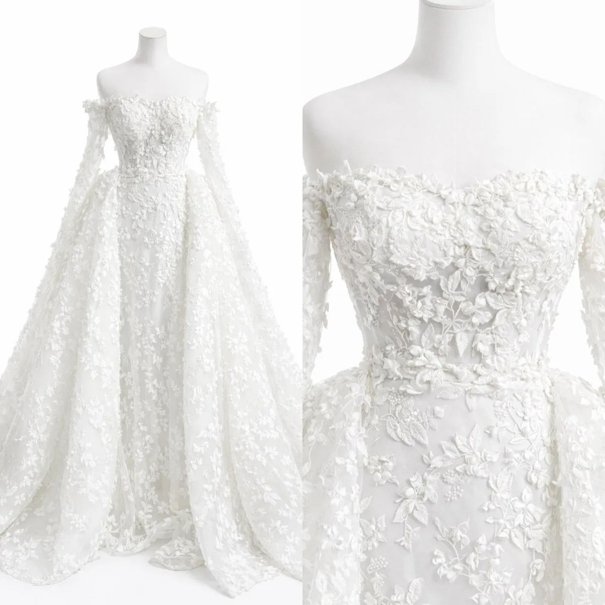 Luxury White Off-Shoulder 3D Floral Lace A-Line Dress with Sheer Sleeves Women Cathedral Wedding Customized D262005-1
