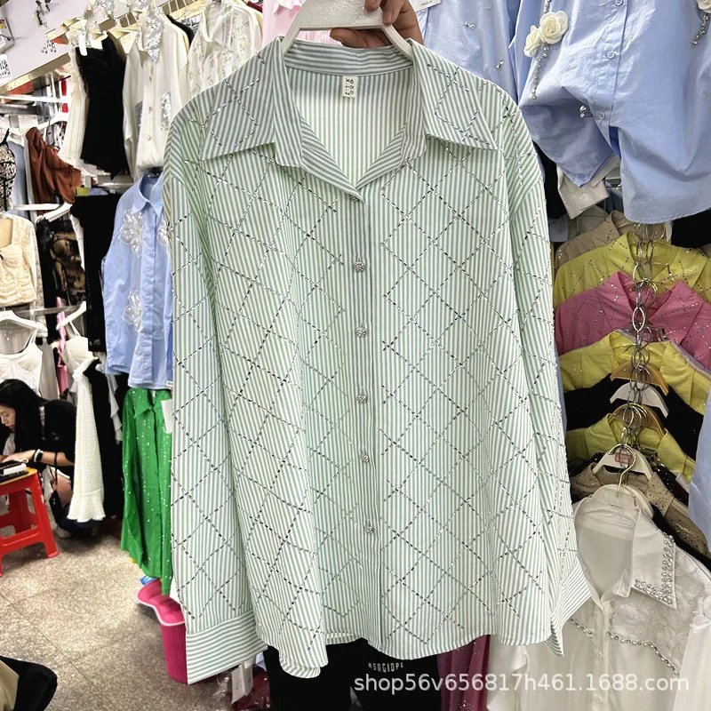 Women Hot Drilling Grids Diamonds Striped Shirts Casual Loose Plaids Crystal Blouse Long Sleeved Single Breasted Cardigan Tops