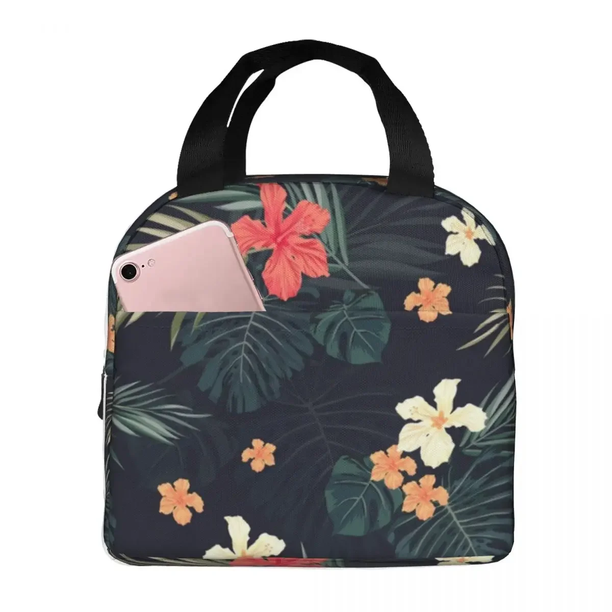 Dark Tropical Flowers Lunch Bag Portable Insulated Canvas Cooler Bag Plant Thermal Food Picnic Lunch Box