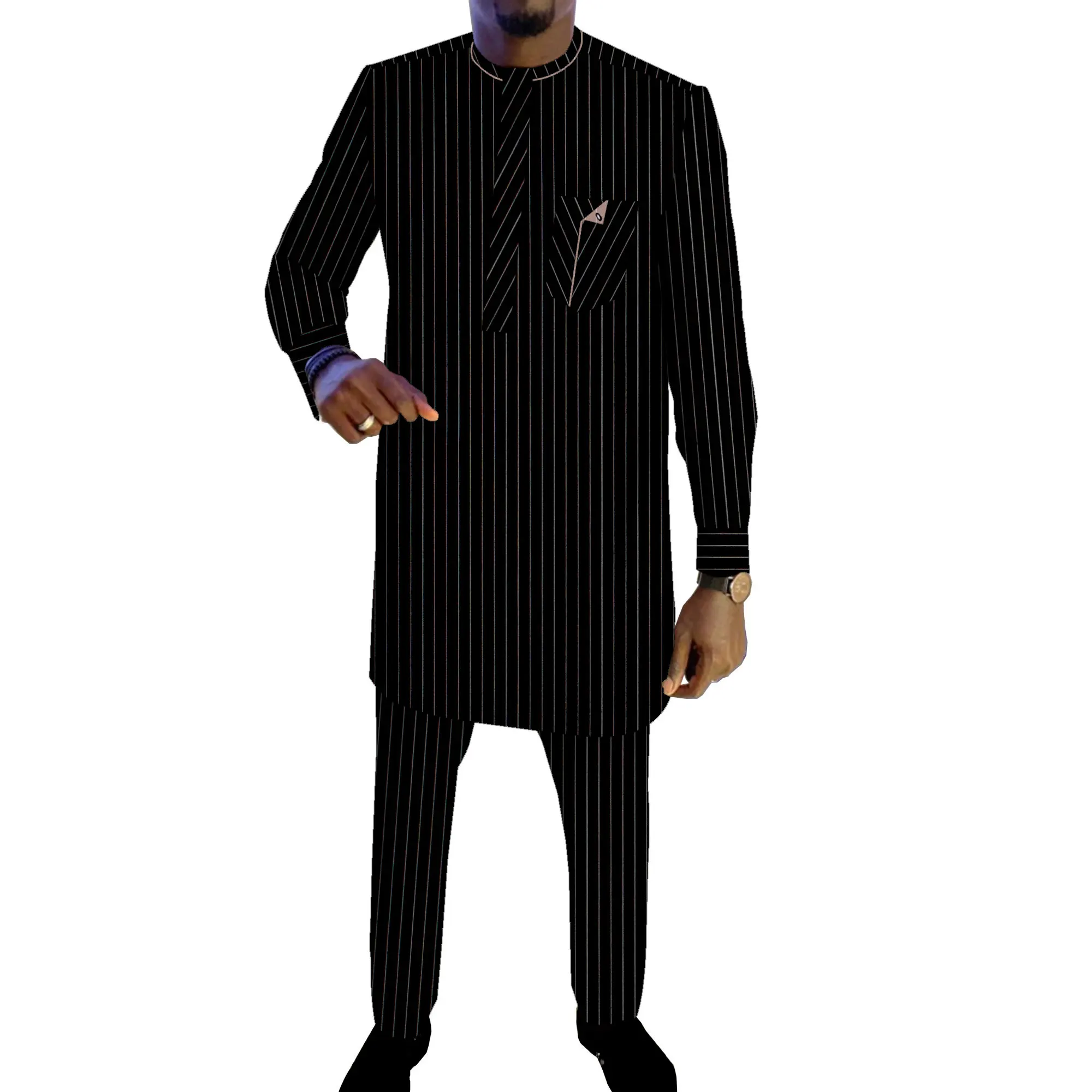 African Men's Striped Suit Dashiki Shirt and Pants African Print Clothing Patchwork Plus Size Men Suit WYNT117