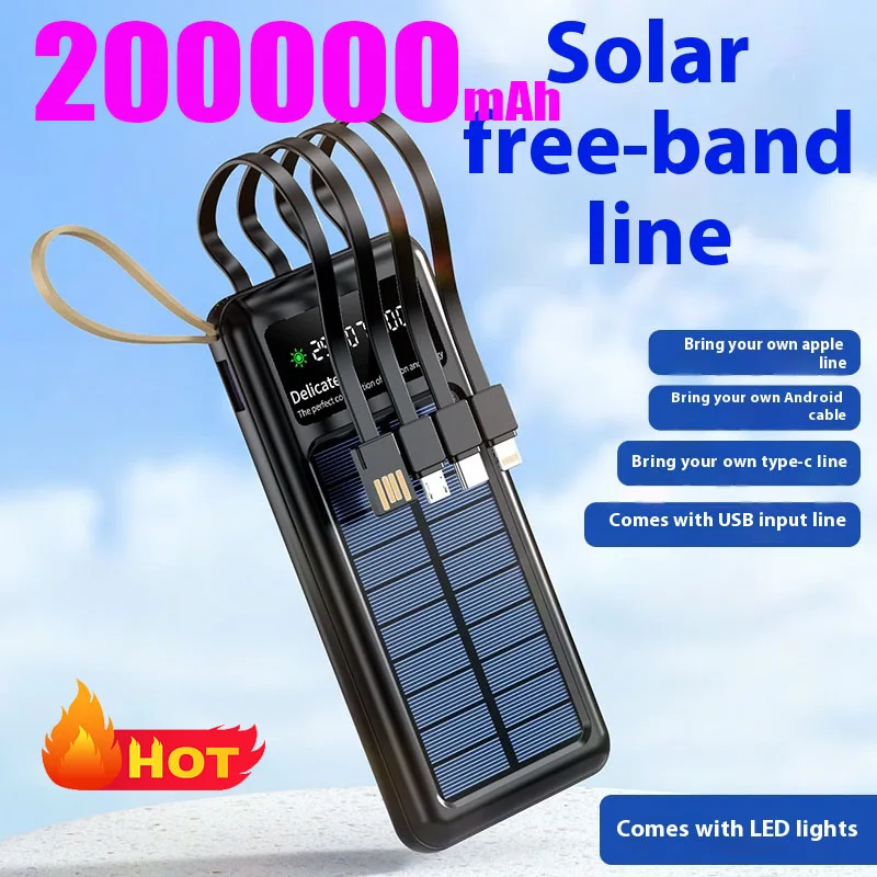 

Solar power Bank 200000mAh With Built-in Cable Lightweight And Large Capacity Supply for Mobile Phones Universal Mobile Power