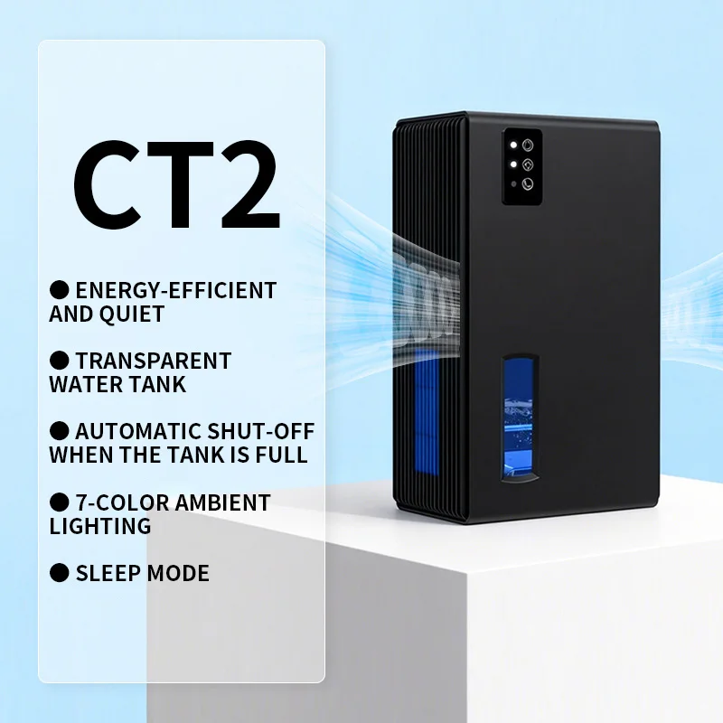 CT2 Dehumidifier 34 oz/24H (30°C/80% RH), High-Efficiency Moisture Removal, Day/Night Dual Mode, Color-Changing Ambient Lighting