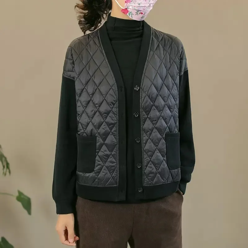 

2025 Female V Collar Patchwork Parkas Top Winter Ladies Fashion Down Cotton Coat Korean Women Long Sleeves Cotton Padded Jacket