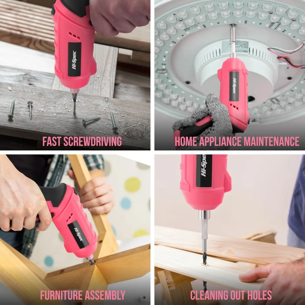 Kit de destornillador eléctrico recargable por USB, color rosa, 42 piezas, con herramientas manuales en estuche compacto