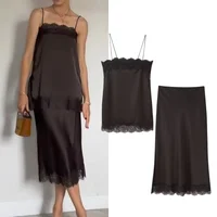 Tidalyf 2025 Conjunto de falda de dos piezas para mujer con hombros descubiertos y ribete de encaje Cami Top con dobladillo dividido Falda midi Traje sexy y elegante